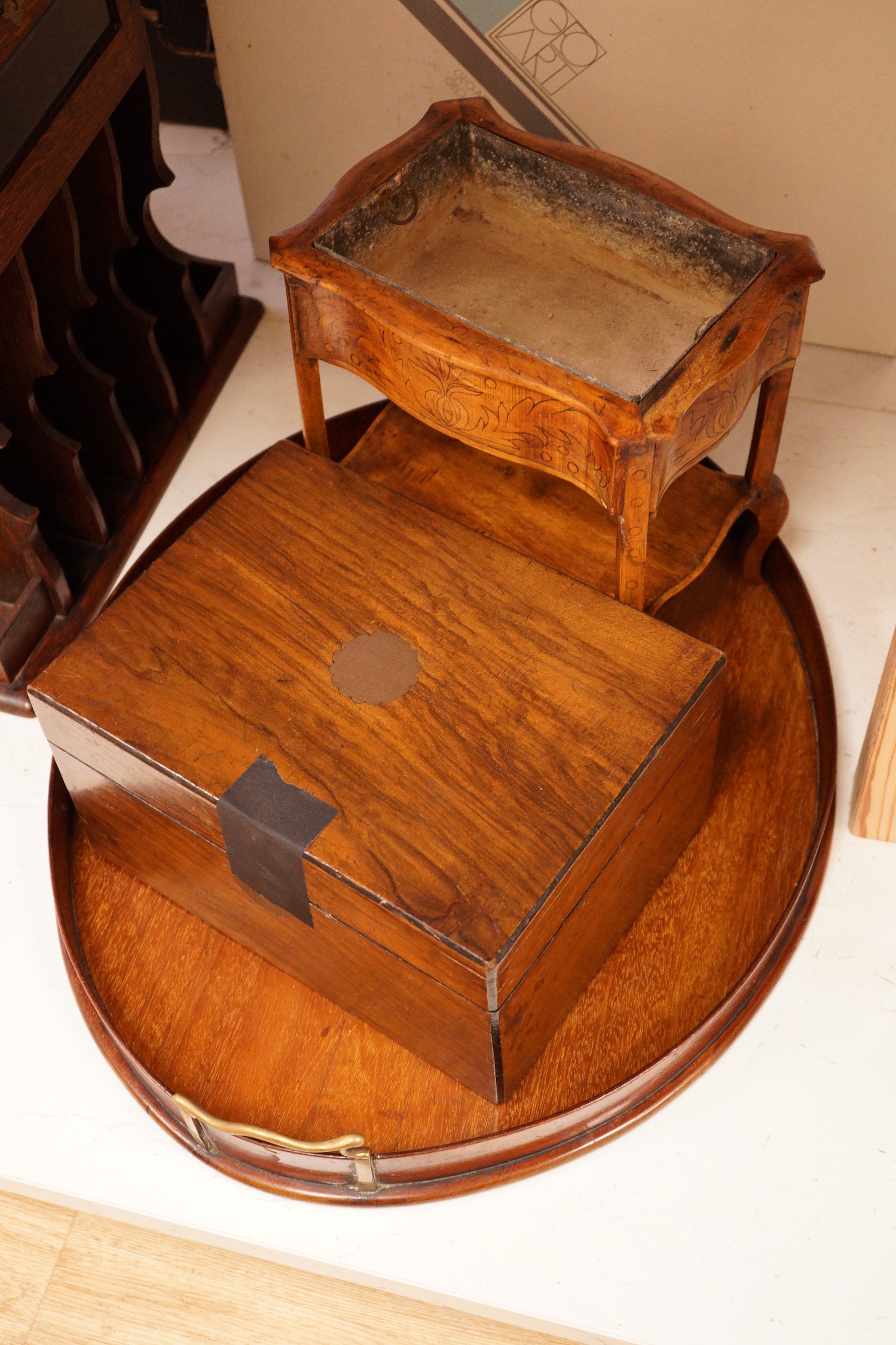 A Victorian wall shelf and oak letter box, tray, etc